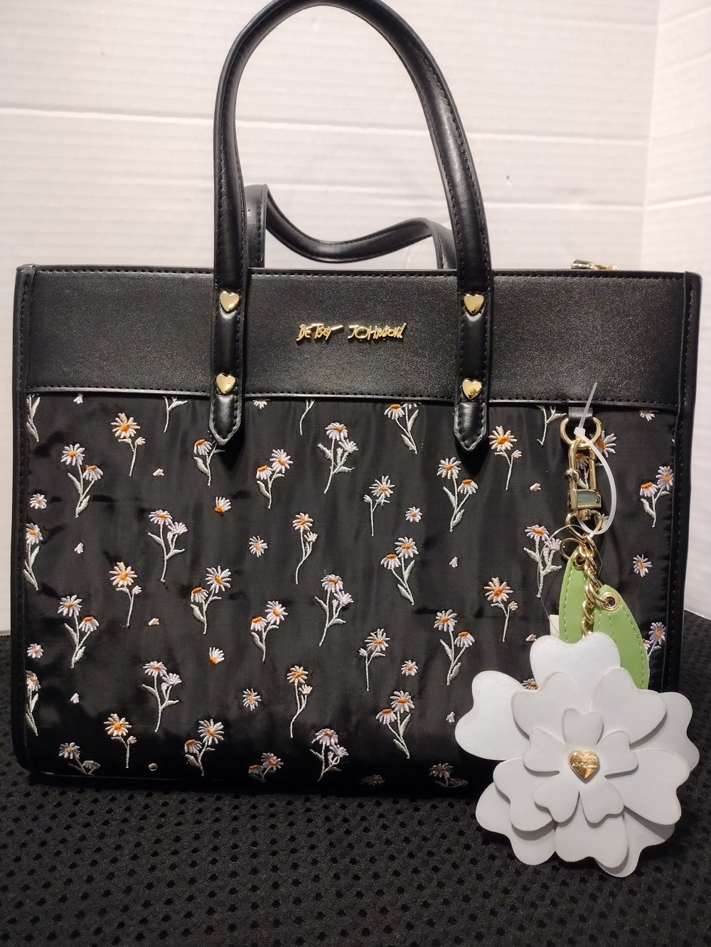 Betsey Johnson Black Floral Tote Bag with Charms